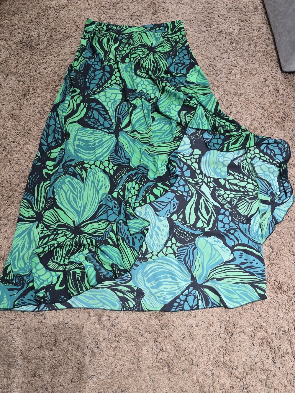 SHEIN Green & Teal Asymmetrical Floral Midi Skirt